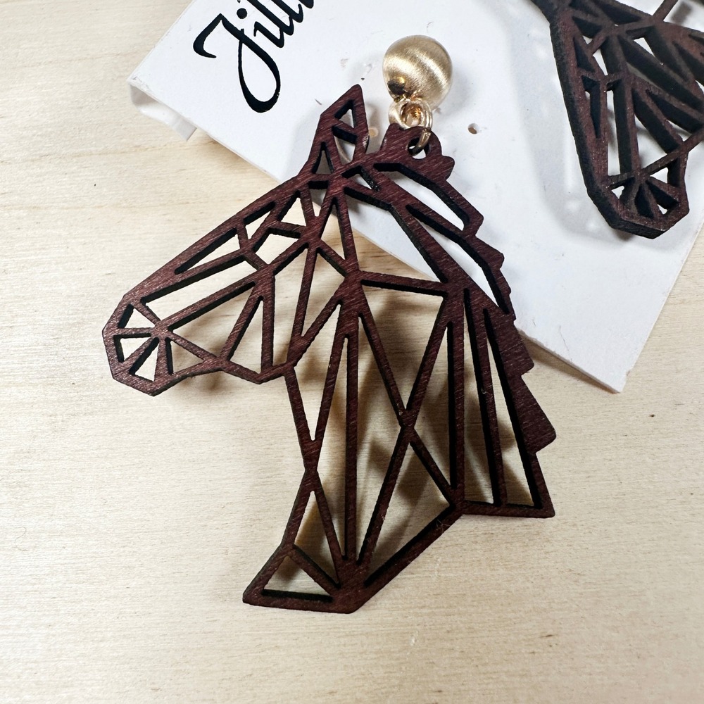 NWT Jillian Michel‎ Horse Earrings Equestrian Wood Laser Cut Gold Look Posts